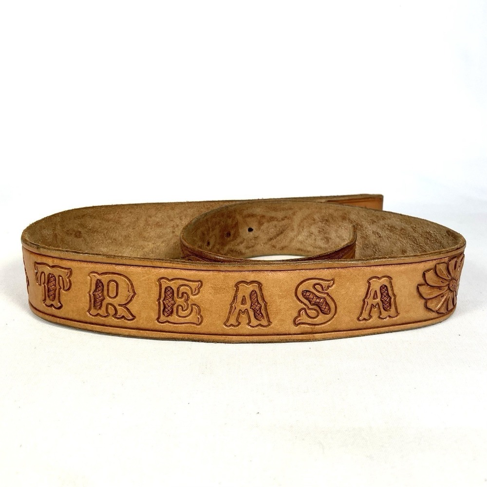 TREASA Tooled Leather Western Belt Strap 32 Tan Floral Cowboy - Picture 2 of 7